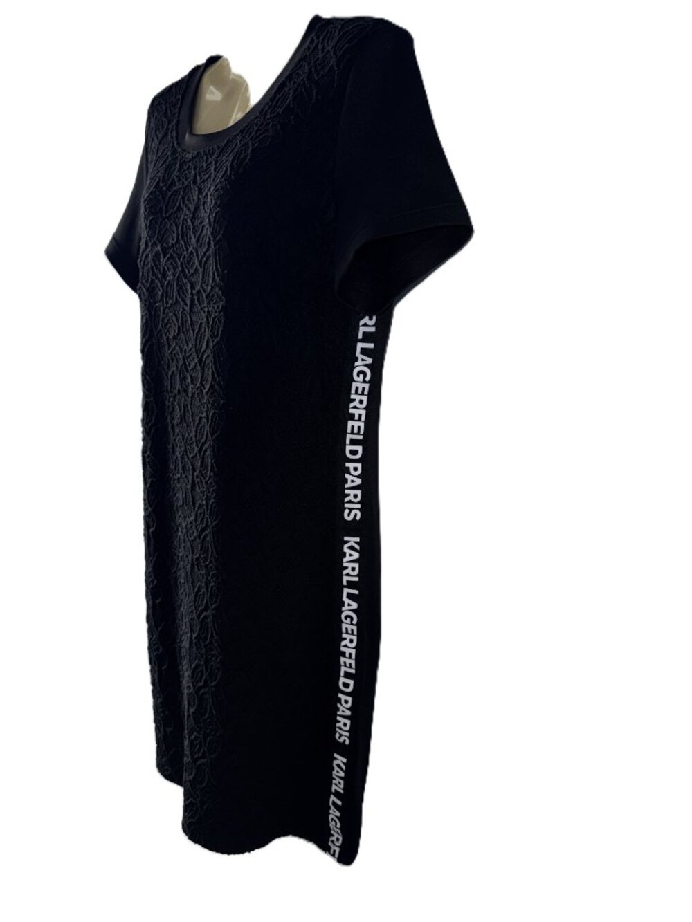 Karl Lagerfeld Paris Black Lace Short Sleeve Shift Dress Logo Side Tape Sz L 1 - Picture 2 of 6
